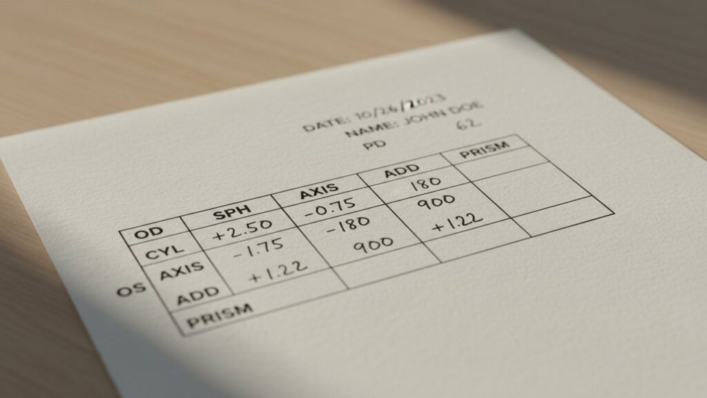 Ordonnance d'ophtalmologue avec abréviations et dioptries