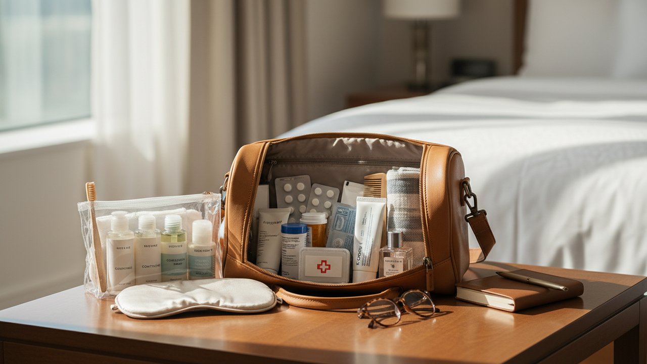 Trousse de toilette et pharmacie de voyage organisées dans un sac