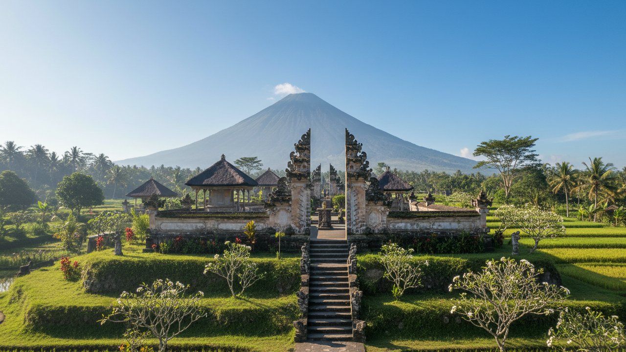 Temple ou volcan à Bali sous un ciel dégagé en saison sèche