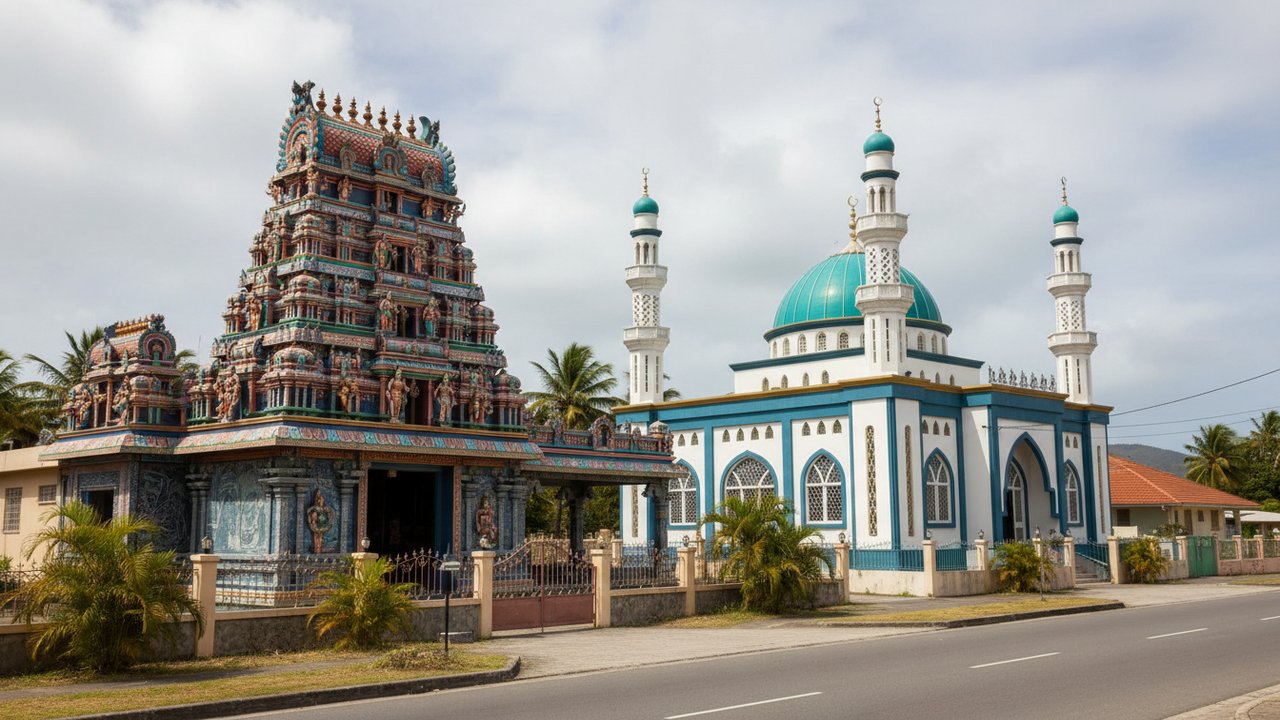 Temple hindou et mosquée côte à côte illustrant la coexistence religieuse mauricienne