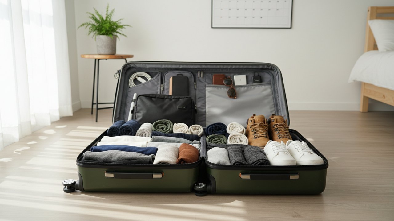 Valise bien organisée avec vêtements roulés et accessoires de vacances