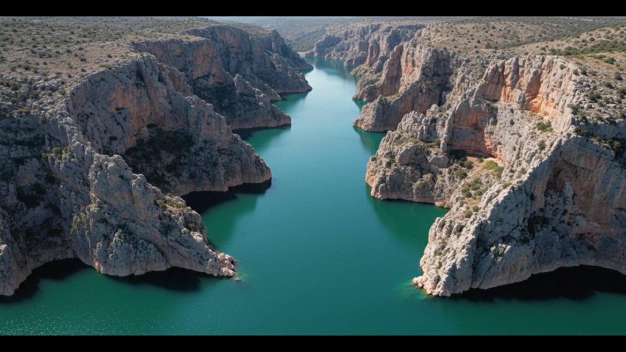 Vue depuis le réservoir de Canelles sur les double parois rocheuses de Finestras